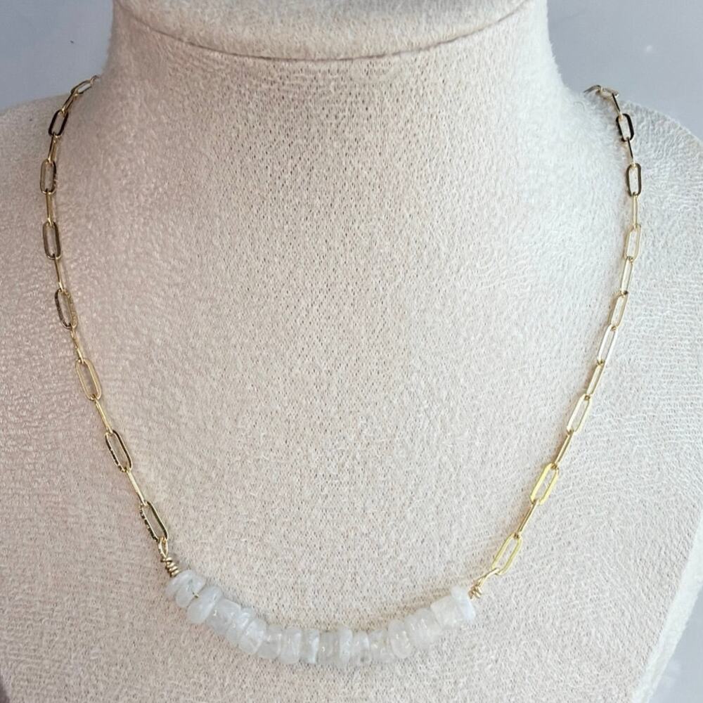 17" Gold Plated Delicate Paperclip Chain w/ Rainbow Moonstone Focal, Adjustable
